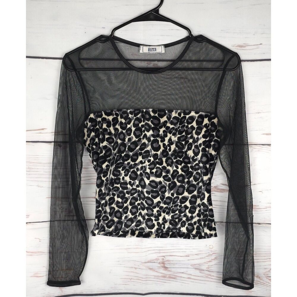 OBE Y2K Leopard Velvet Mesh‎ Top Blouse Shirt Mall Goth Grunge Dark 2000s Shirt